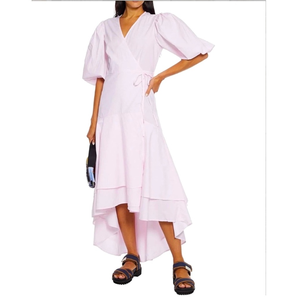 Ganni Puff Sleeve Pink Floral Wrap Dress